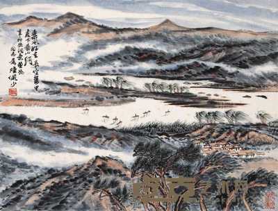 陆俨少 1967年作 长空万里直下看山河 镜框 28.5×37.5cm